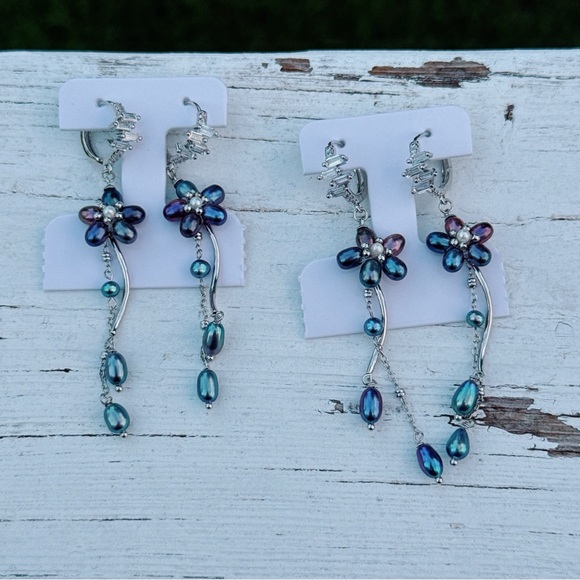 E246 Handmade Freshwater Pearl Flower Huggies Earrings - Picture 8 of 11